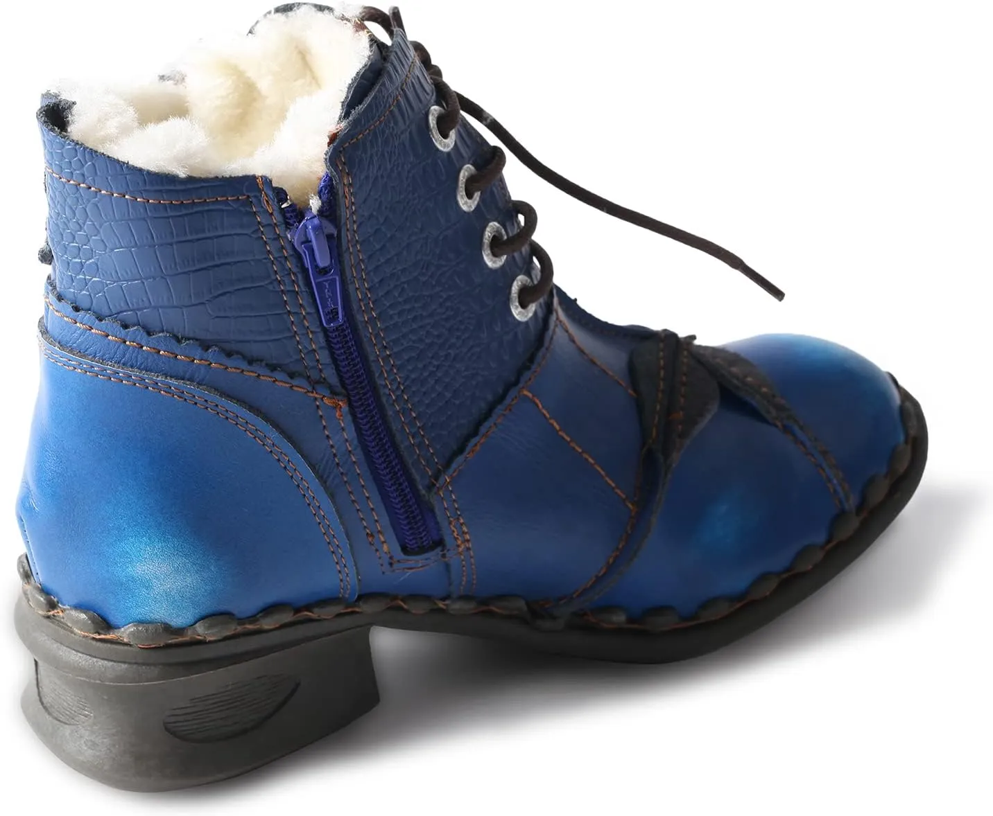 TMA EYES Textured Leather Patchwork Washed Leather Lace-Up Women's Ankle boots