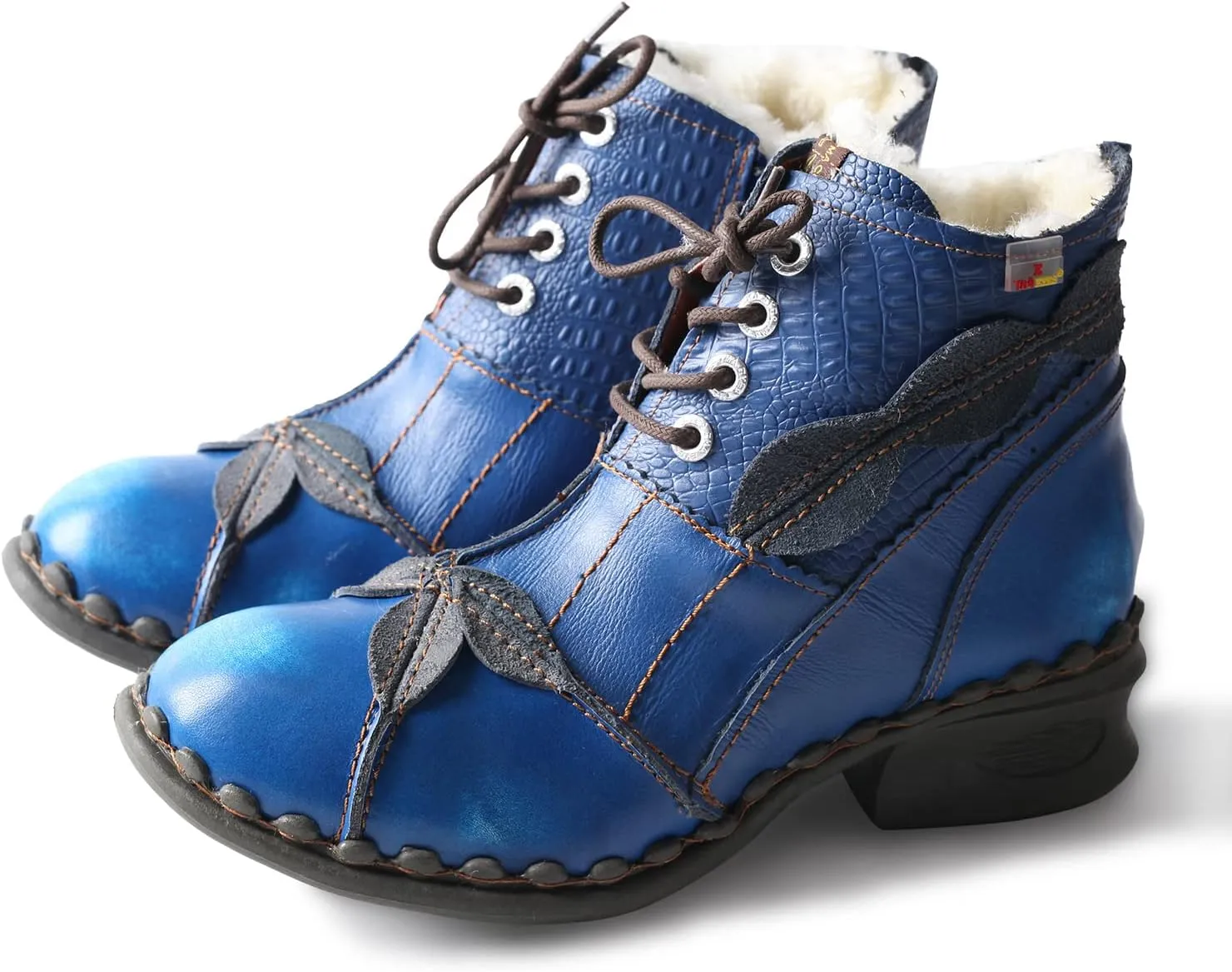 TMA EYES Textured Leather Patchwork Washed Leather Lace-Up Women's Ankle boots