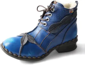 TMA EYES Textured Leather Patchwork Washed Leather Lace-Up Women's Ankle boots