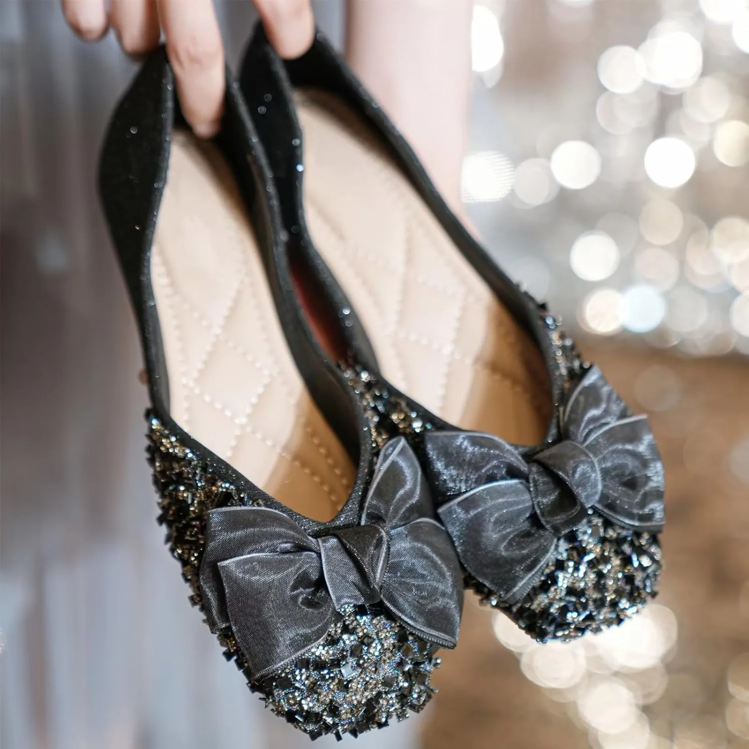TN TANGNEST Ballet Flats for Women Brief Style Square Toe Pearl Bowtie Flat Shoes Casual Rhinestone Dress Flat Loafers