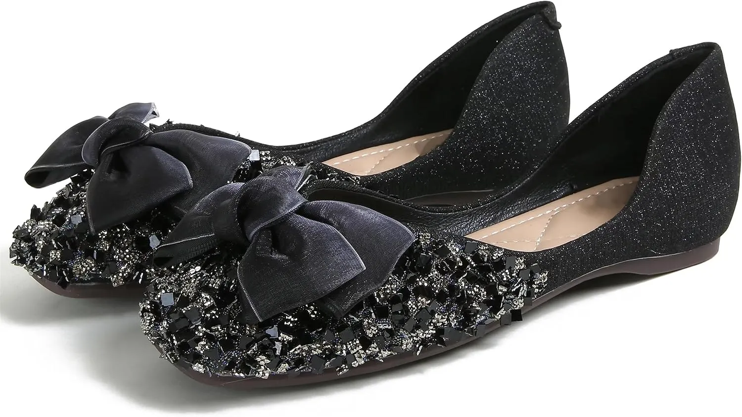 TN TANGNEST Ballet Flats for Women Brief Style Square Toe Pearl Bowtie Flat Shoes Casual Rhinestone Dress Flat Loafers