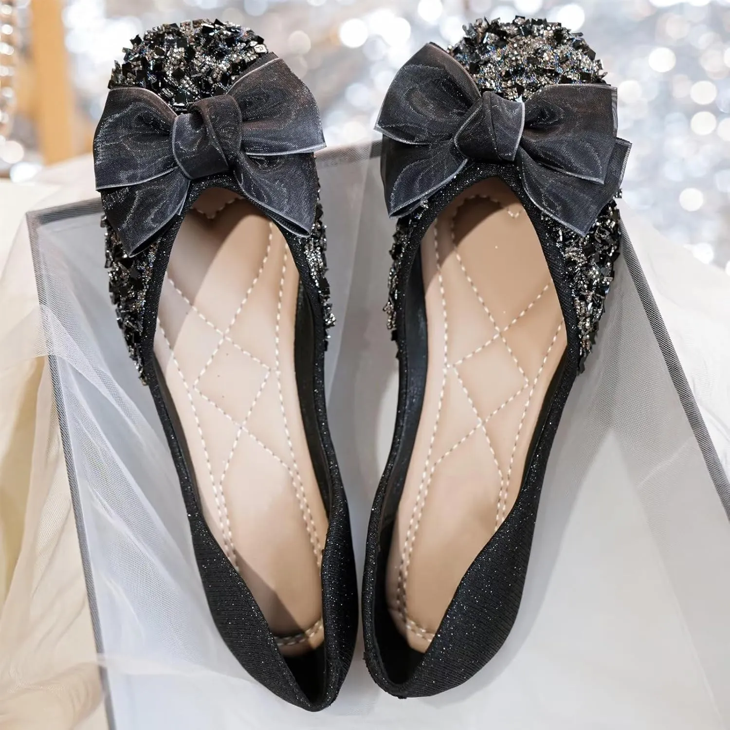TN TANGNEST Ballet Flats for Women Brief Style Square Toe Pearl Bowtie Flat Shoes Casual Rhinestone Dress Flat Loafers