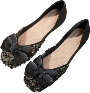 TN TANGNEST Ballet Flats for Women Brief Style Square Toe Pearl Bowtie Flat Shoes Casual Rhinestone Dress Flat Loafers