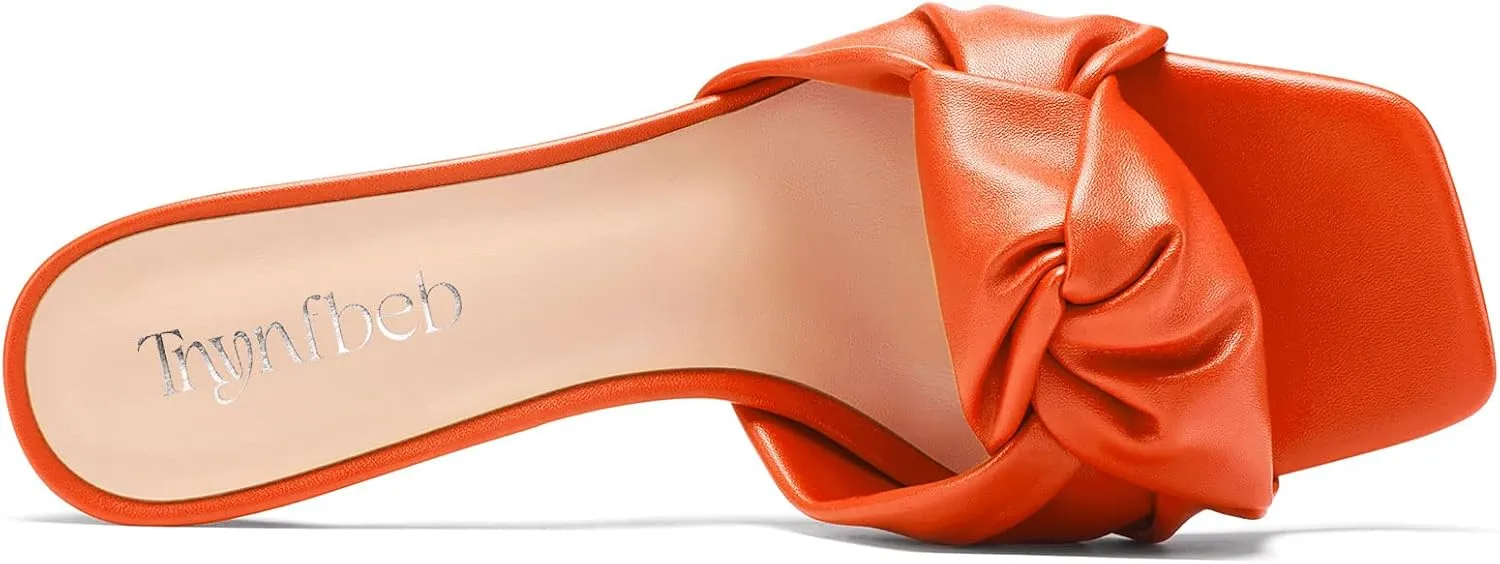 TNYNFBEB Women Chunky Block Mid Heel Square Toe Sandals Mules Shoes Slip-on Bow-knot Party Basic Classic 2.6 Inches Heels