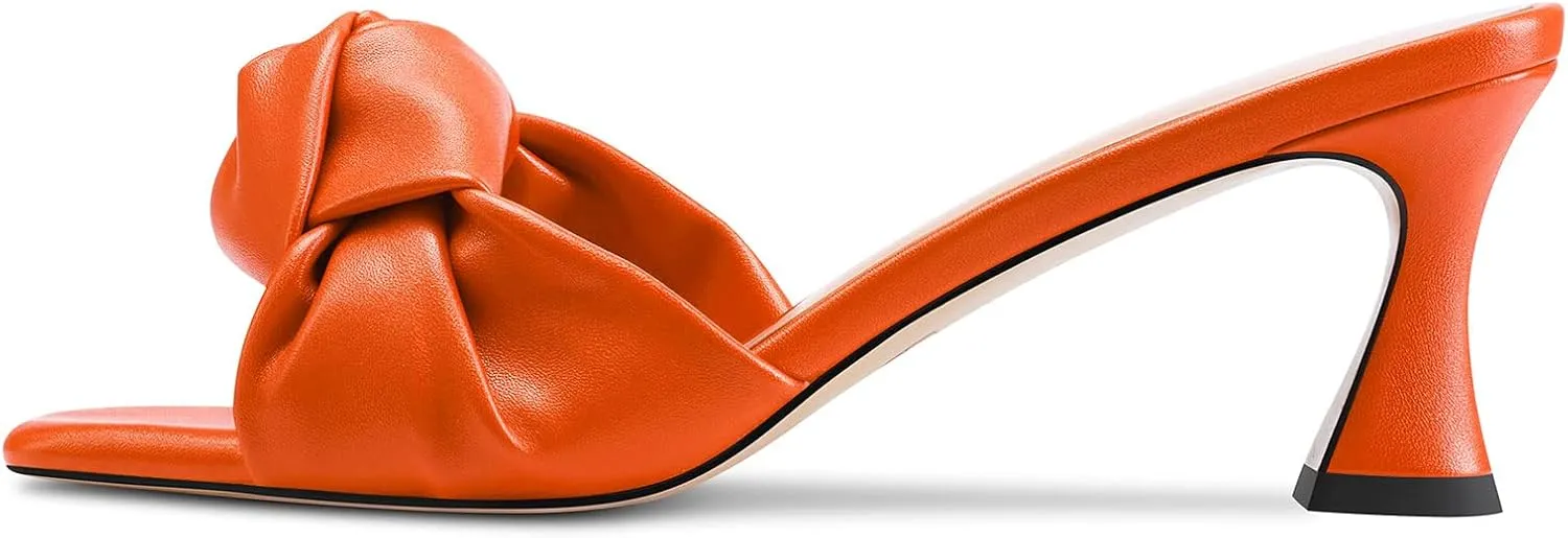 TNYNFBEB Women Chunky Block Mid Heel Square Toe Sandals Mules Shoes Slip-on Bow-knot Party Basic Classic 2.6 Inches Heels
