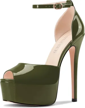 TNYNFBEB Womens Stiletto High Platform Heel Peep Open Toe Sandals Ankle Strap Buckle Prom Party Dress Patent Leather 6.1 Inches Heels