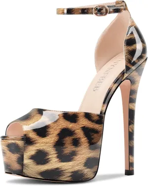 TNYNFBEB Womens Stiletto High Platform Heel Peep Open Toe Sandals Ankle Strap Buckle Prom Party Dress Patent Leather 6.1 Inches Heels