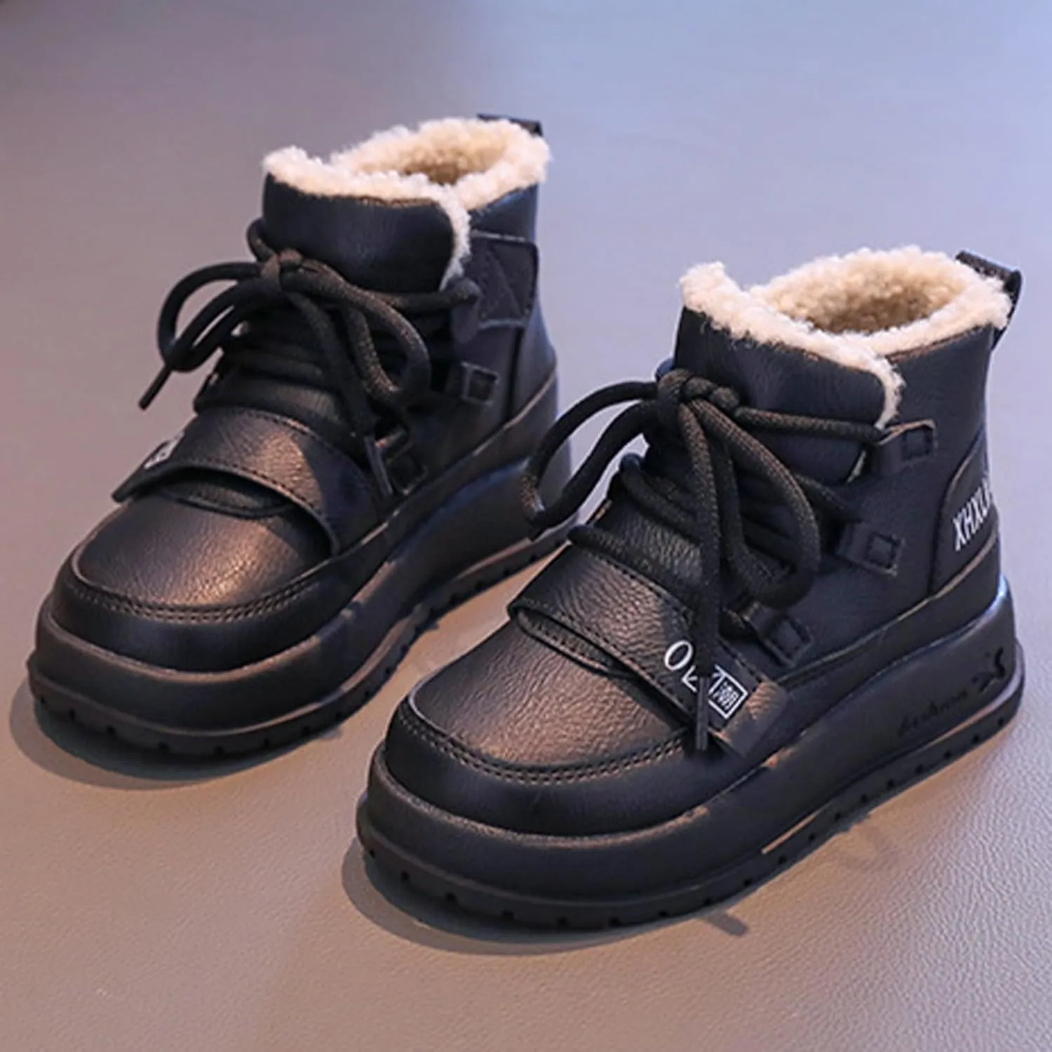 Toddler Lace-Up Fuzzy Booties Baby Infant Leather Soft Boots Outdoor Indoor Warm Thick First Walking Shoes Fashion Comfy