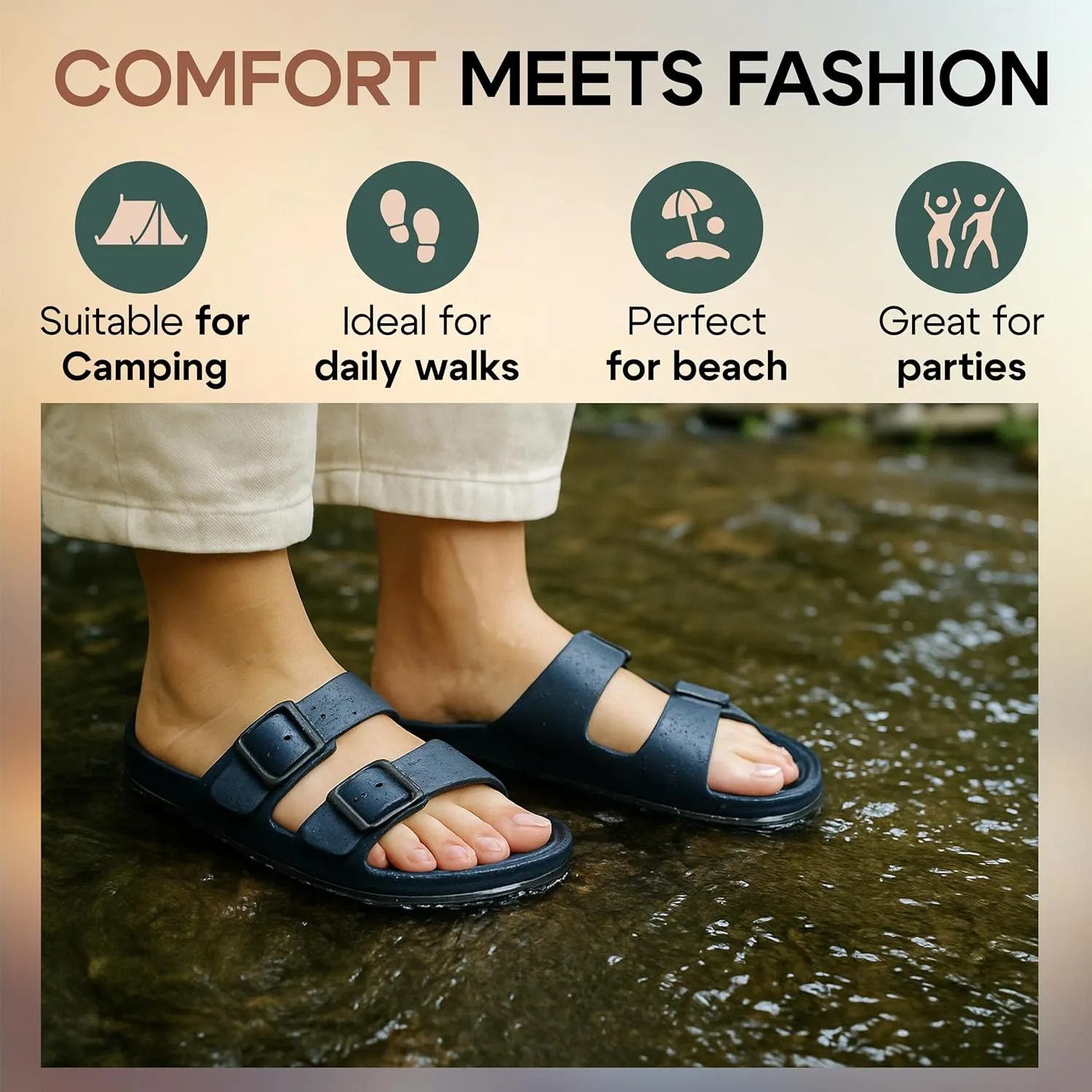 Trailvia Comfortable Footbed Sandals for Men & Women – Adjustable Buckle & Arch Support, Waterproof Summer Slides for Outdoor, Beach & Everyday Adventures
