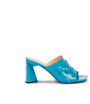Turquoise woven patent leather mules