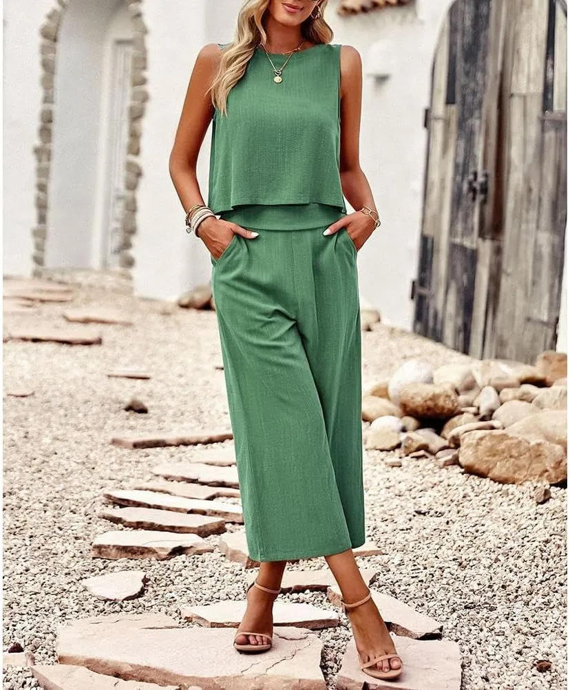 Two Piece Summer Outfits for Women Linen Pants Suits Casual Sleeveless Crop Top and Wide Leg Pants Sets S-XL