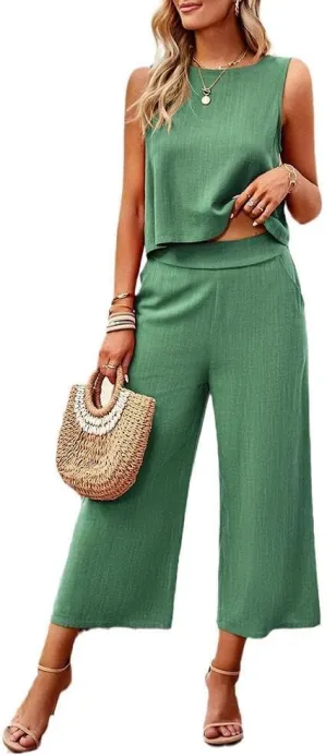 Two Piece Summer Outfits for Women Linen Pants Suits Casual Sleeveless Crop Top and Wide Leg Pants Sets S-XL