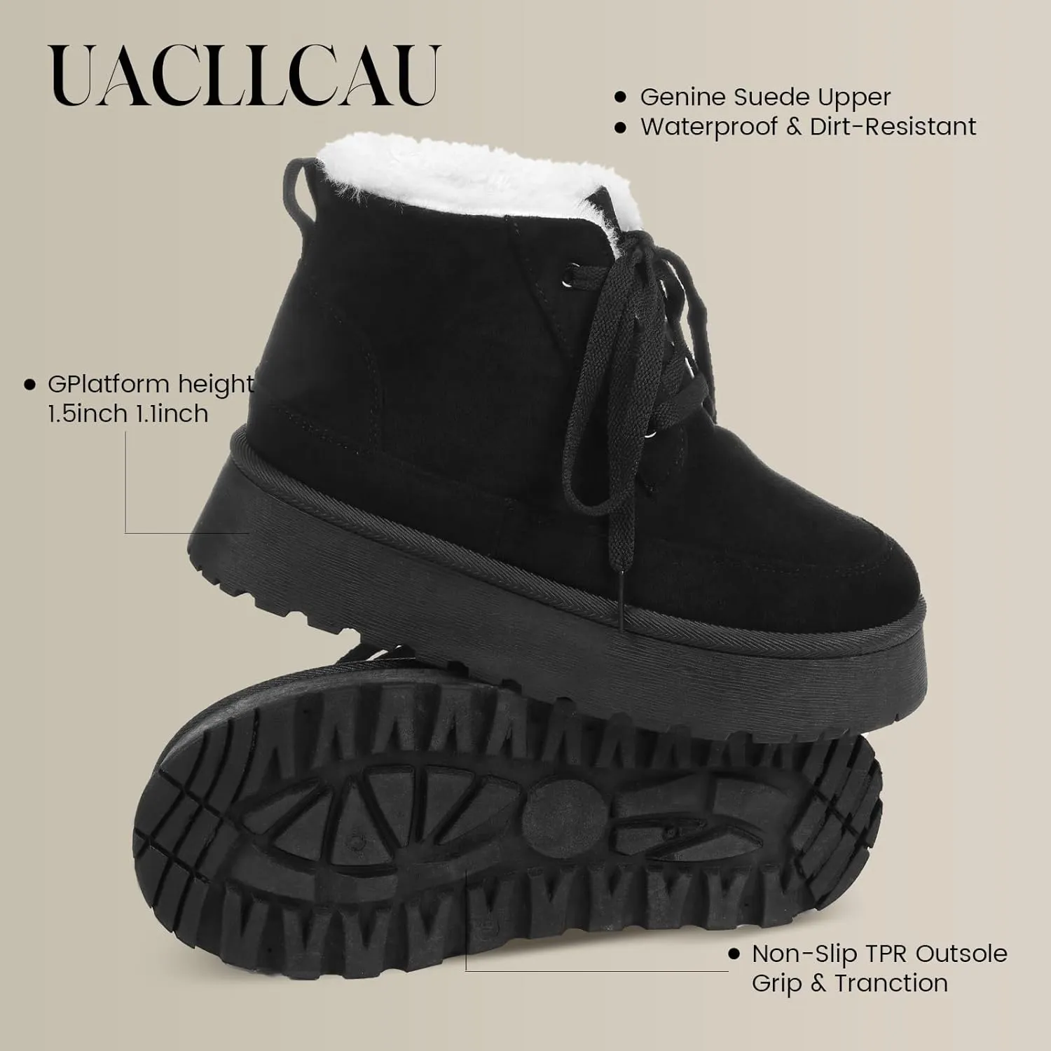 Uacllcau Platform Mini Boots for Women Winter Boots Warm Faux Fur Lining Lace Up Ankle Boots for Women Anti-Slip Short Snow Booties with Memory Foam Insole for Indoor & Outdoor