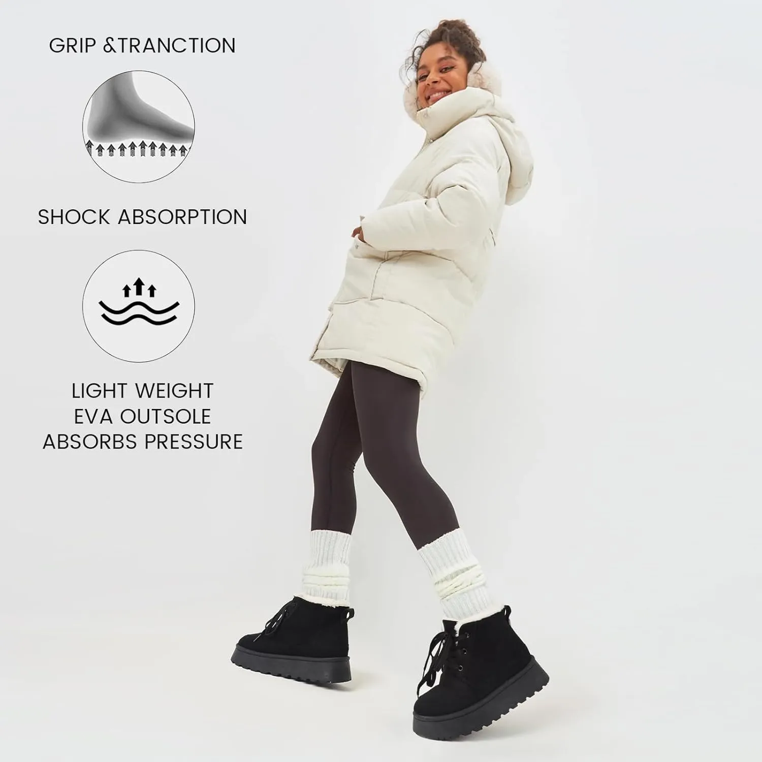 Uacllcau Platform Mini Boots for Women Winter Boots Warm Faux Fur Lining Lace Up Ankle Boots for Women Anti-Slip Short Snow Booties with Memory Foam Insole for Indoor & Outdoor