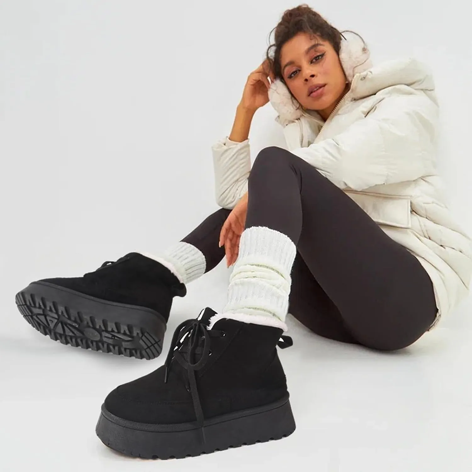 Uacllcau Platform Mini Boots for Women Winter Boots Warm Faux Fur Lining Lace Up Ankle Boots for Women Anti-Slip Short Snow Booties with Memory Foam Insole for Indoor & Outdoor
