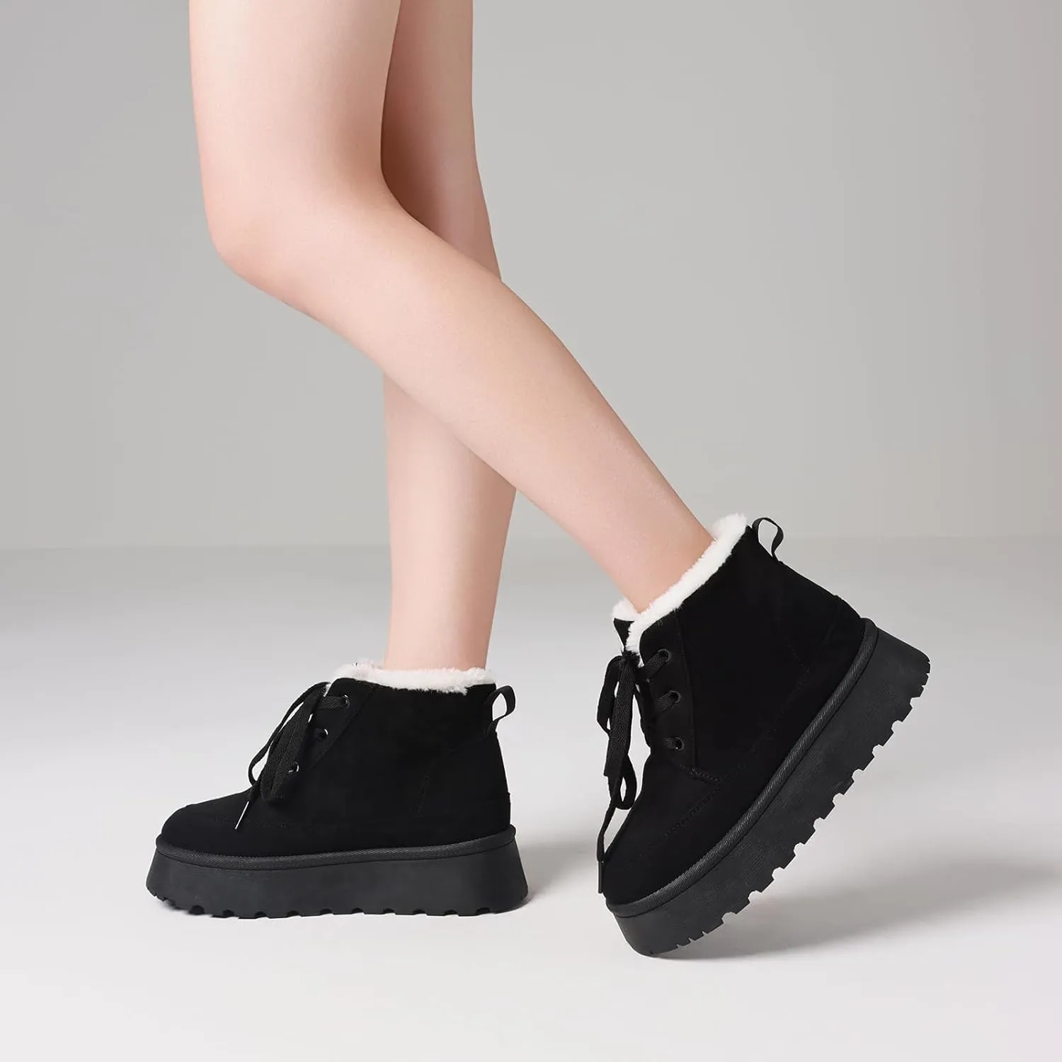 Uacllcau Platform Mini Boots for Women Winter Boots Warm Faux Fur Lining Lace Up Ankle Boots for Women Anti-Slip Short Snow Booties with Memory Foam Insole for Indoor & Outdoor