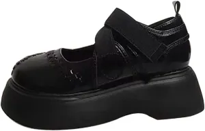 Ulalaza Vintage Mary Jane Comfort Loafers Platform Chunky Mid-Heel Classic Lace up Zipper Closed Round Toe Slip-on Uniform Dress Shoes Brogues Casual Fashion Shoes with Chain for Women