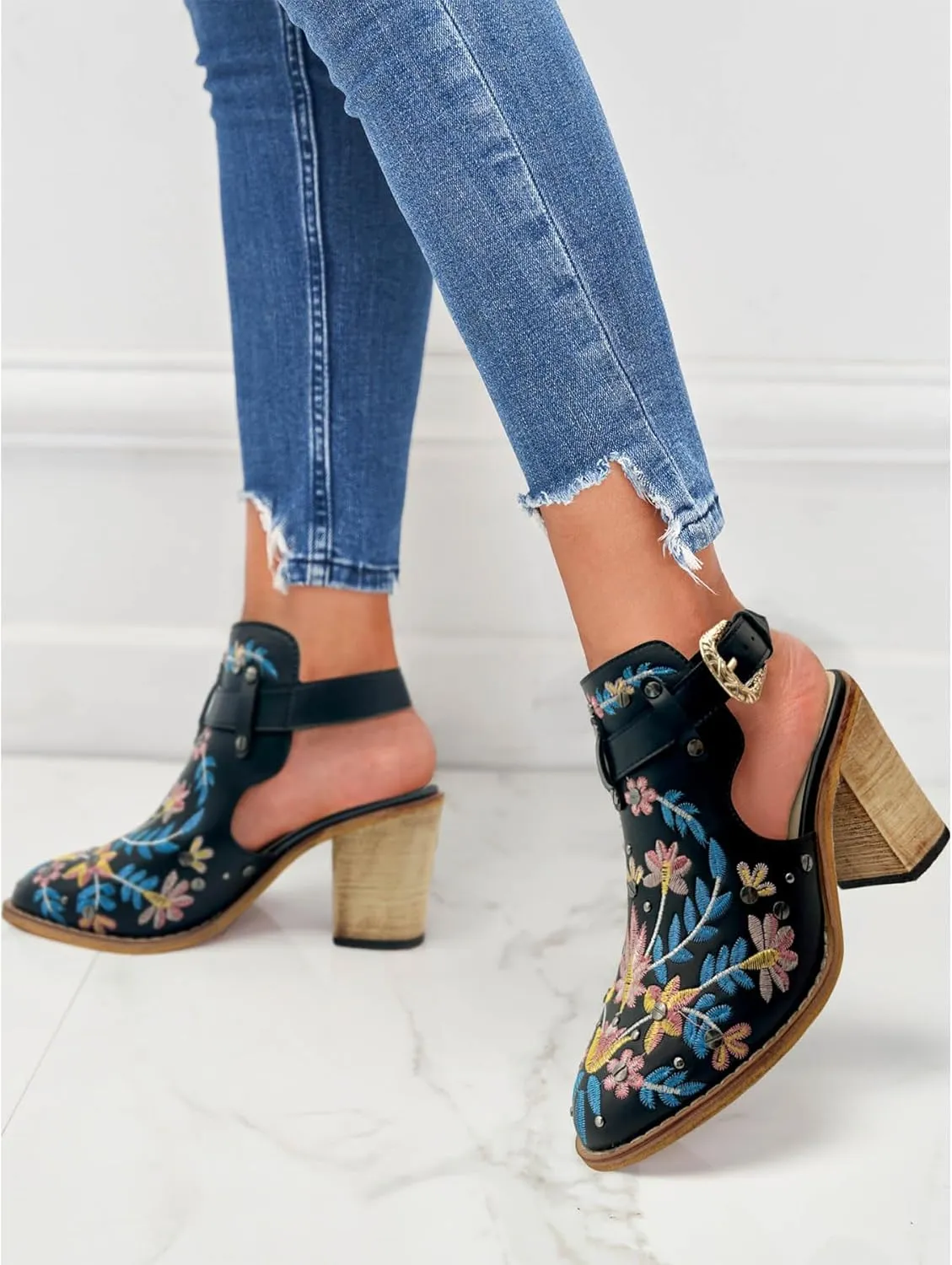 Unimaglif Womens Embroidered Leather Chunky High Heels Block Heeled Sandals With Ankle Strap Closed Toe