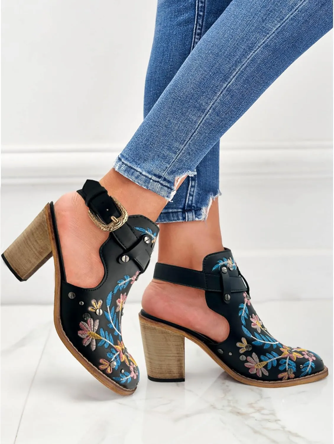 Unimaglif Womens Embroidered Leather Chunky High Heels Block Heeled Sandals With Ankle Strap Closed Toe