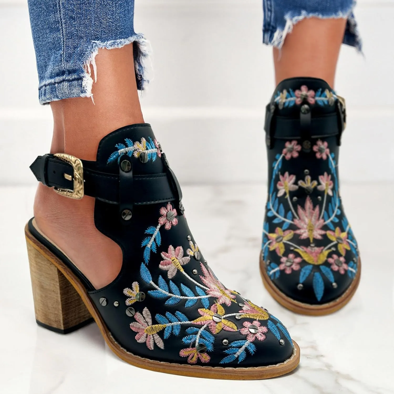 Unimaglif Womens Embroidered Leather Chunky High Heels Block Heeled Sandals With Ankle Strap Closed Toe