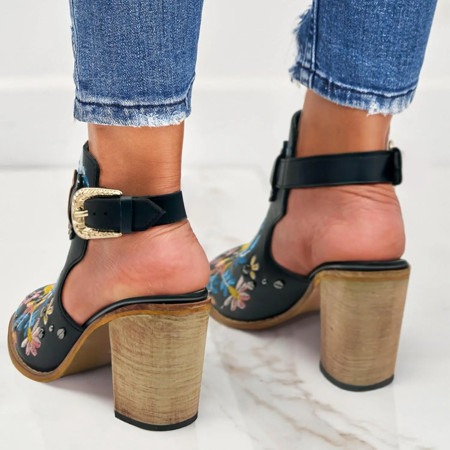Unimaglif Womens Embroidered Leather Chunky High Heels Block Heeled Sandals With Ankle Strap Closed Toe
