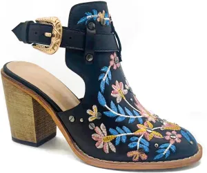 Unimaglif Womens Embroidered Leather Chunky High Heels Block Heeled Sandals With Ankle Strap Closed Toe