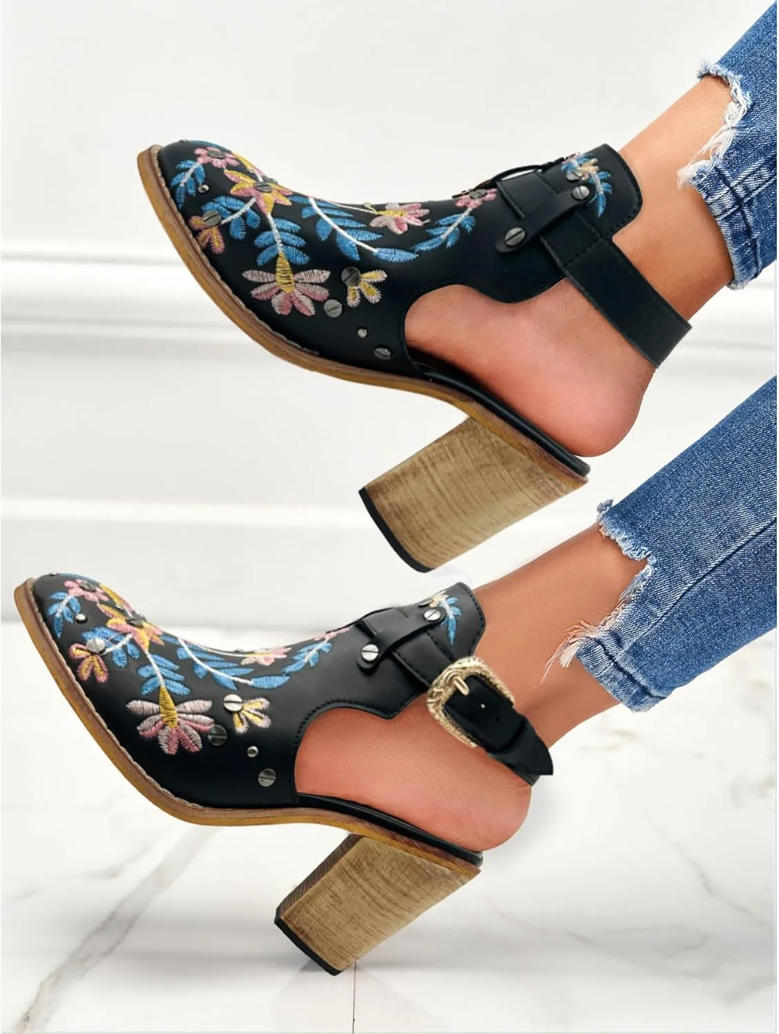 Unimaglif Womens Embroidered Leather Chunky High Heels Block Heeled Sandals With Ankle Strap Closed Toe