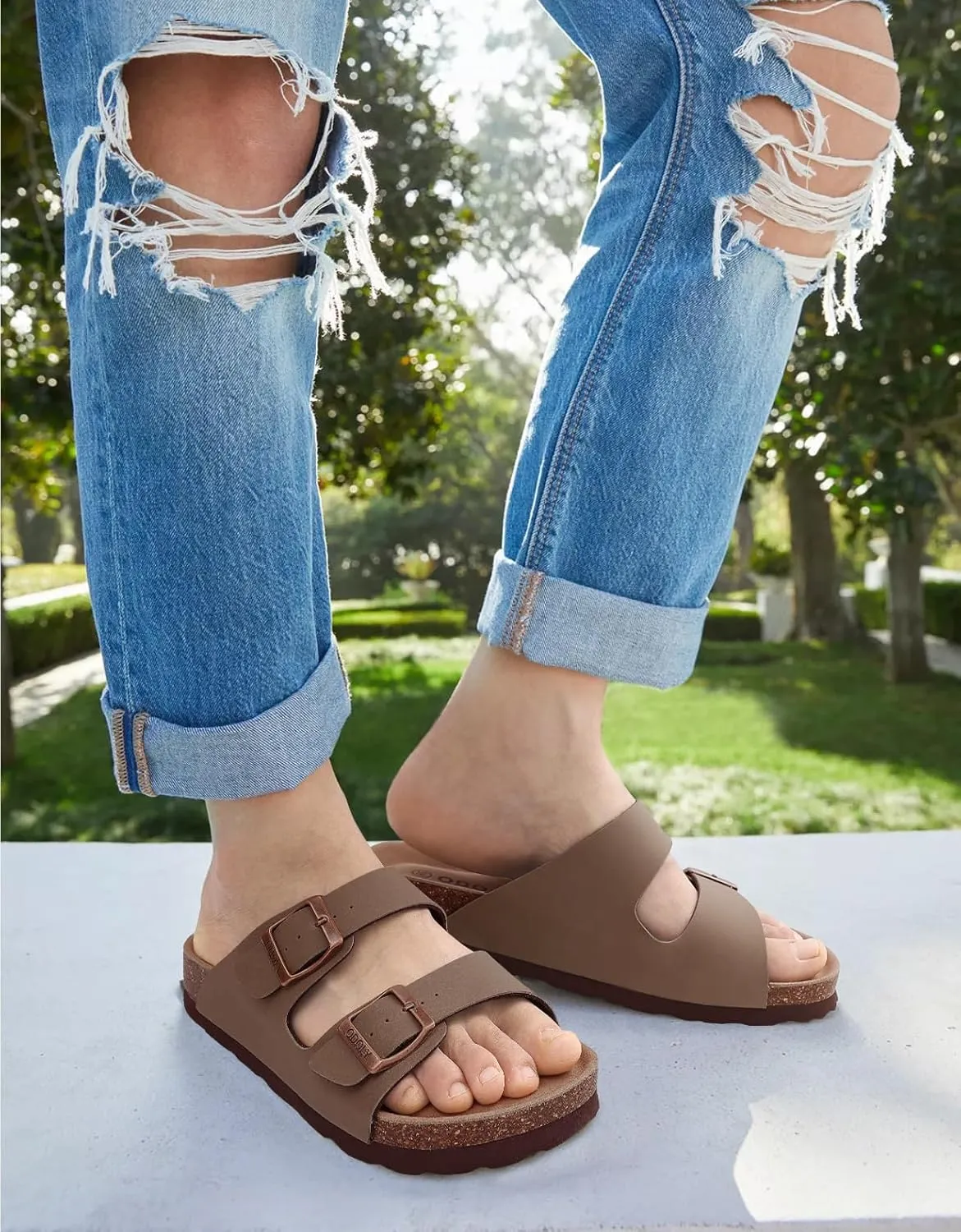Unisex Cork Footbed Slide Sandal, Arch Support Summer Outdoor Sandals with Adjustable Buckle for Women and Men