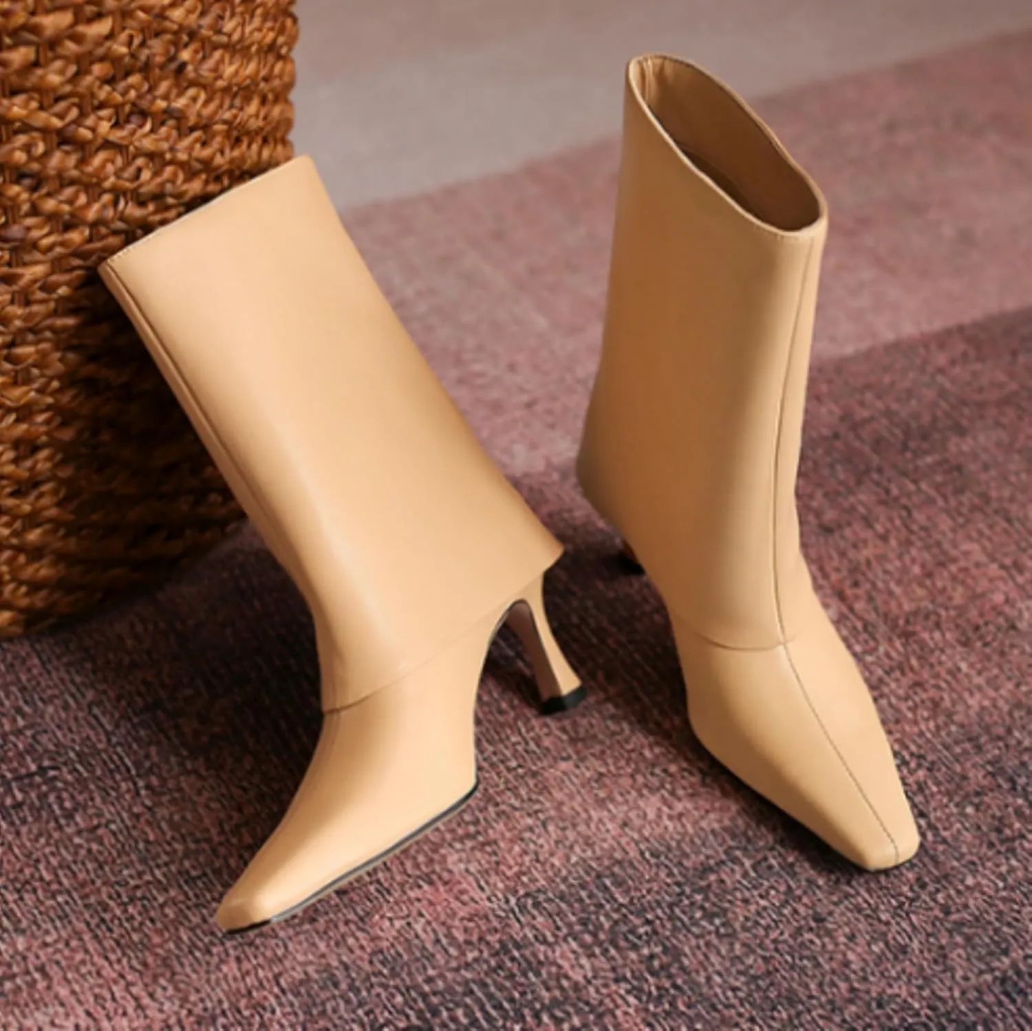 Vertundy Women's Knee High Boots Fold Over High Heel Booties Square Toe Comfortable Dress Kitten Heel Shoes