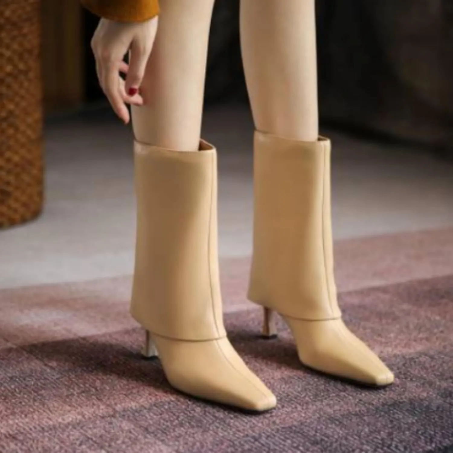 Vertundy Women's Knee High Boots Fold Over High Heel Booties Square Toe Comfortable Dress Kitten Heel Shoes