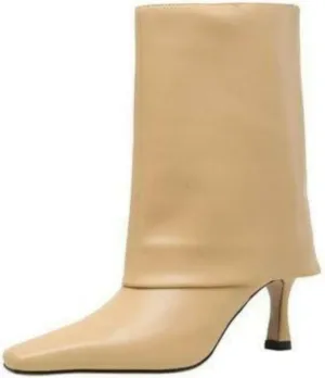 Vertundy Women's Knee High Boots Fold Over High Heel Booties Square Toe Comfortable Dress Kitten Heel Shoes