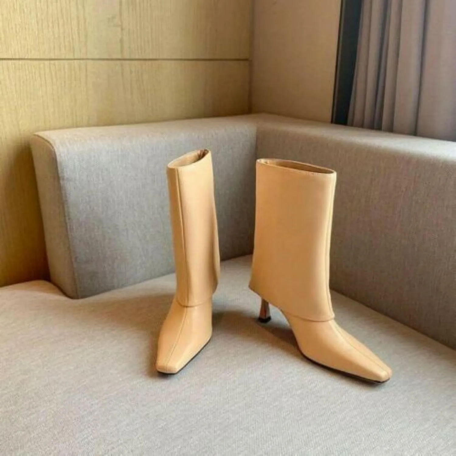 Vertundy Women's Knee High Boots Fold Over High Heel Booties Square Toe Comfortable Dress Kitten Heel Shoes