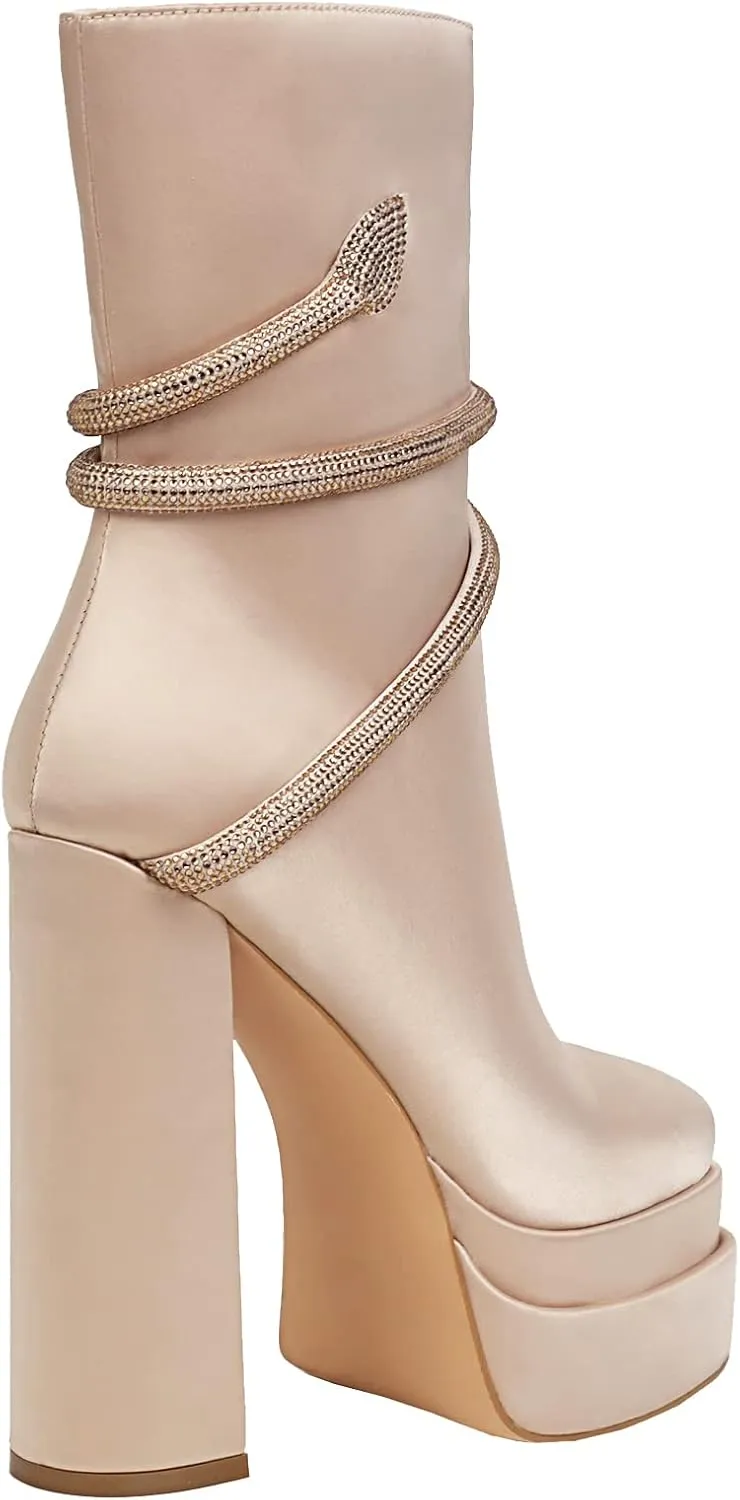 vivianly Women's Platform Mid Calf Boots Square Toe Chunky Heel Ankle Boots with Side Zipper Stretch Short Go Go Boot