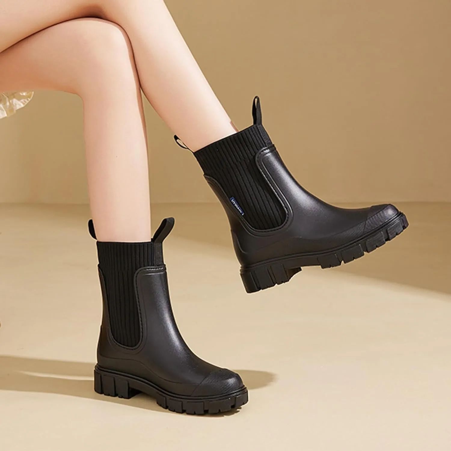 Waterproof Non-Slip Thick Sole Mid-Calf Boots, Ankle Rain Boots for Women, Outdoor Garden Rain Shoes Elastic Mouth Slip-On Soft Outsole Rain Boots(Black,US 6.5)