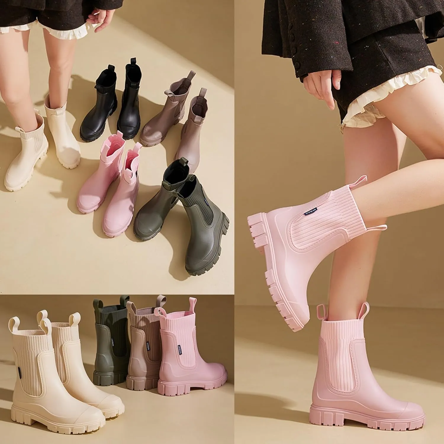 Waterproof Non-Slip Thick Sole Mid-Calf Boots, Ankle Rain Boots for Women, Outdoor Garden Rain Shoes Elastic Mouth Slip-On Soft Outsole Rain Boots(Black,US 6.5)