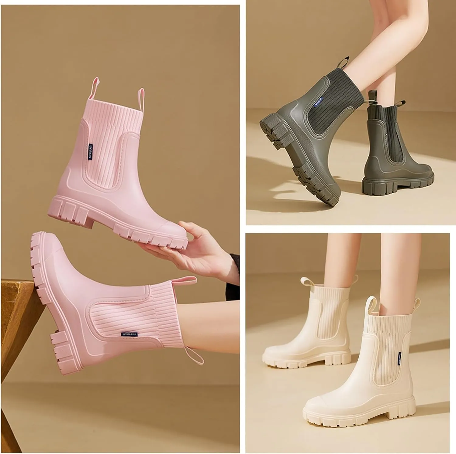 Waterproof Non-Slip Thick Sole Mid-Calf Boots, Ankle Rain Boots for Women, Outdoor Garden Rain Shoes Elastic Mouth Slip-On Soft Outsole Rain Boots(Black,US 6.5)