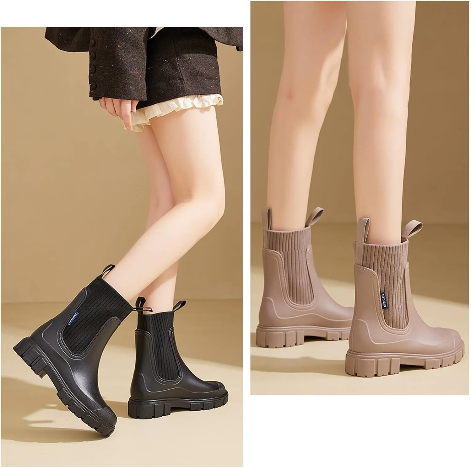 Waterproof Non-Slip Thick Sole Mid-Calf Boots, Ankle Rain Boots for Women, Outdoor Garden Rain Shoes Elastic Mouth Slip-On Soft Outsole Rain Boots(Black,US 6.5)