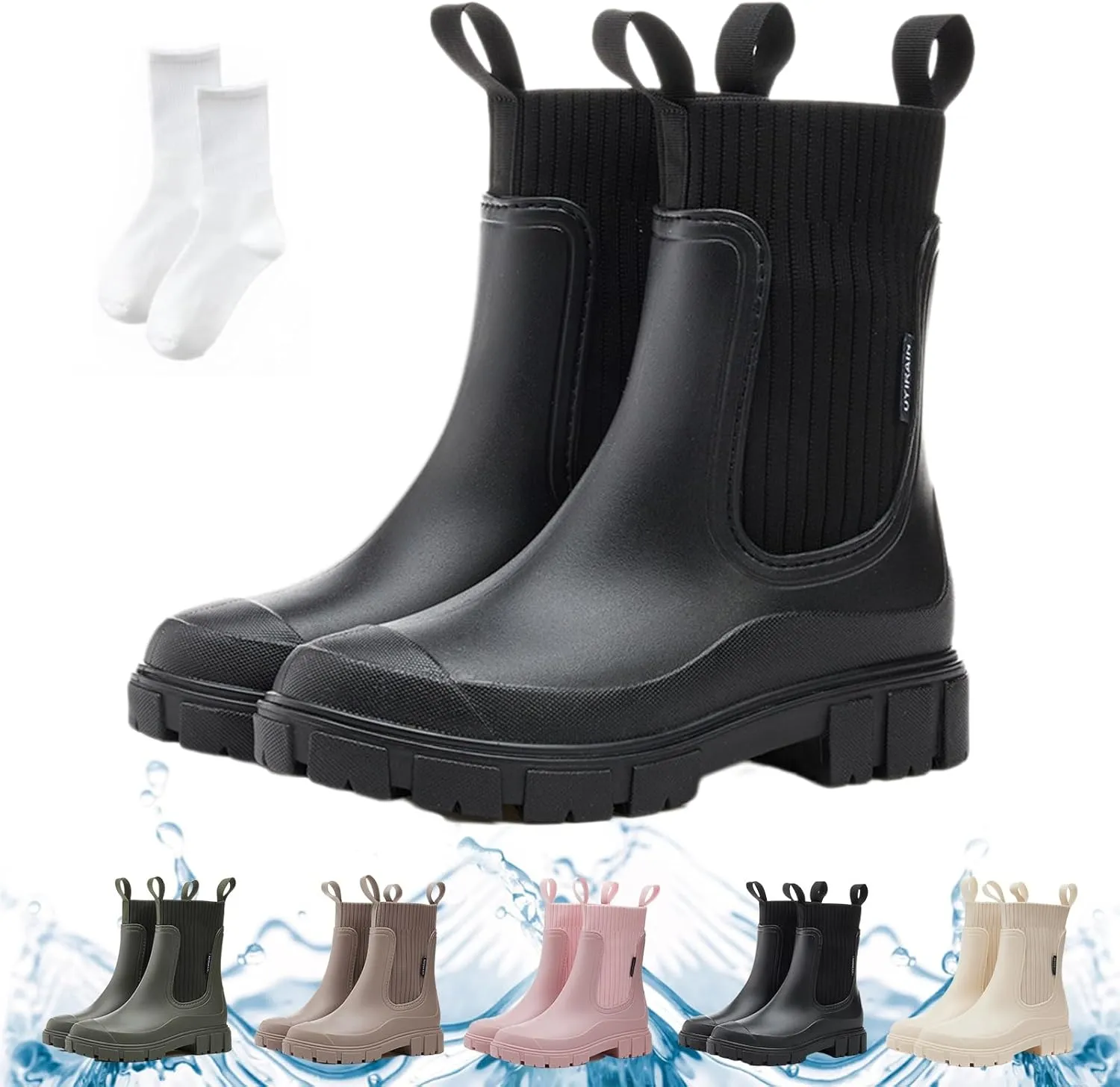 Waterproof Non-Slip Thick Sole Mid-Calf Boots, Ankle Rain Boots for Women, Outdoor Garden Rain Shoes Elastic Mouth Slip-On Soft Outsole Rain Boots(Black,US 6.5)
