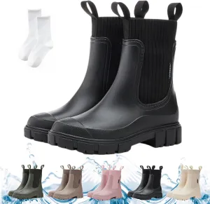 Waterproof Non-Slip Thick Sole Mid-Calf Boots, Ankle Rain Boots for Women, Outdoor Garden Rain Shoes Elastic Mouth Slip-On Soft Outsole Rain Boots(Black,US 6.5)