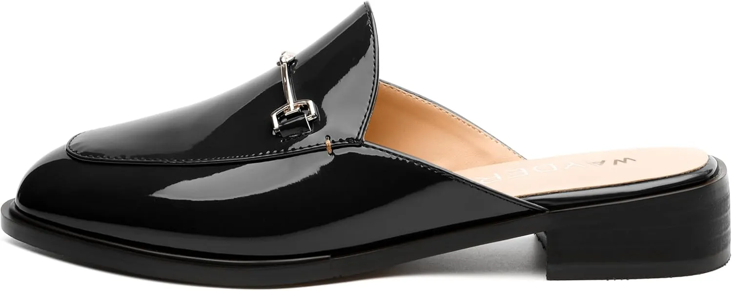 WAYDERNS Mules for Women Slides Loafer Shoes with Low Block Heel Round Closed Toe Comfortable Casual Patent Slip on Backless Loafers Work Business Office Shopping Buckle Mules