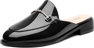 WAYDERNS Mules for Women Slides Loafer Shoes with Low Block Heel Round Closed Toe Comfortable Casual Patent Slip on Backless Loafers Work Business Office Shopping Buckle Mules