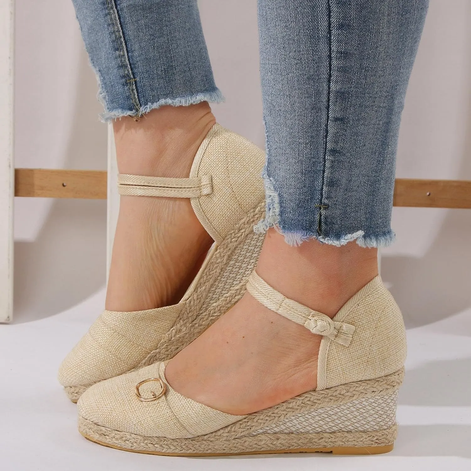Wedge Sandals for Women 2024 Women Shoes Slope Heeled Linen Sandals Fashion Thick Heeled Beach Sandals