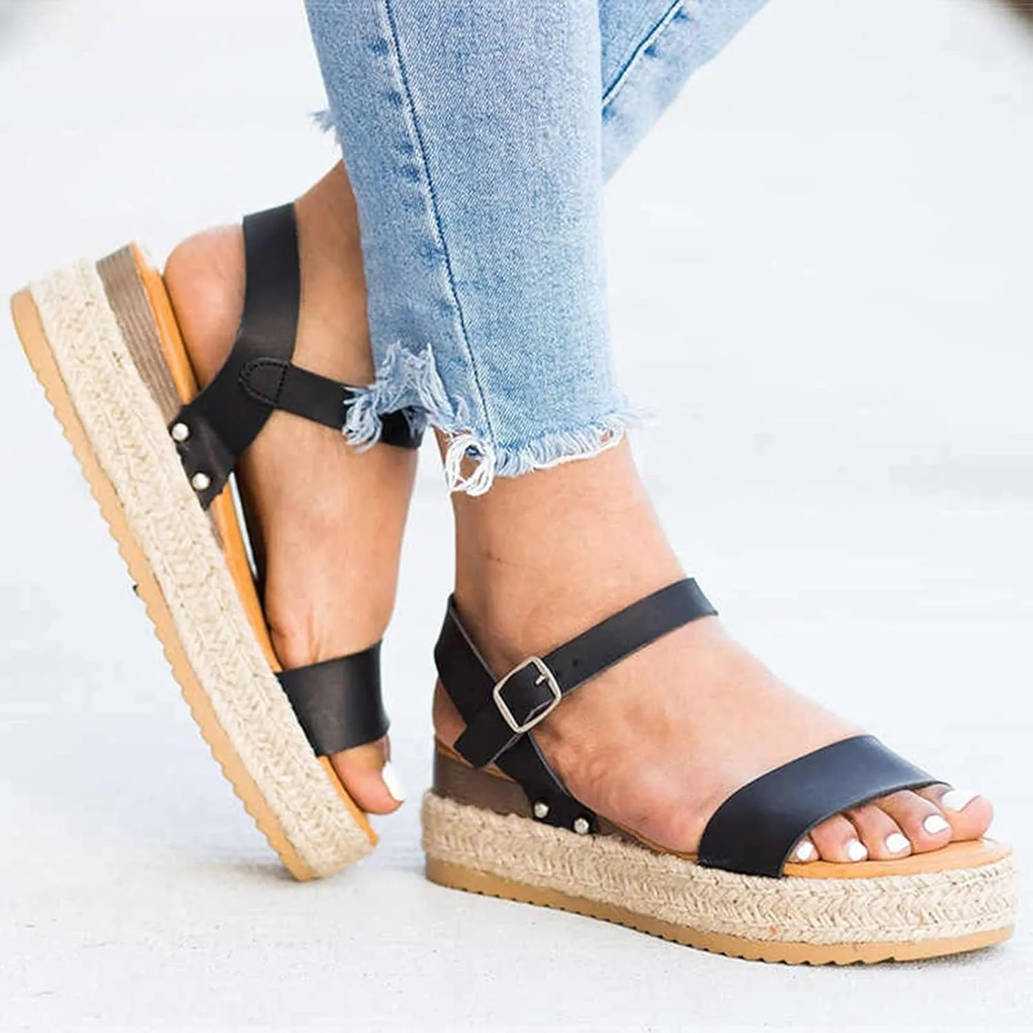 Wedge Sandals for Women Comfortable 2025 Dressy Open Toe Buckle Ankle Strap Espadrilles Flatform Summer Casual Sandal