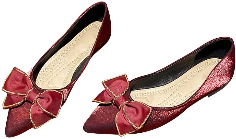 WENJIAZHIZHI Womens Glittery Bow Ballet Flats Pointed Toe Loafers Flat Dress Shoes for Women Wedding Dressy Comfortable