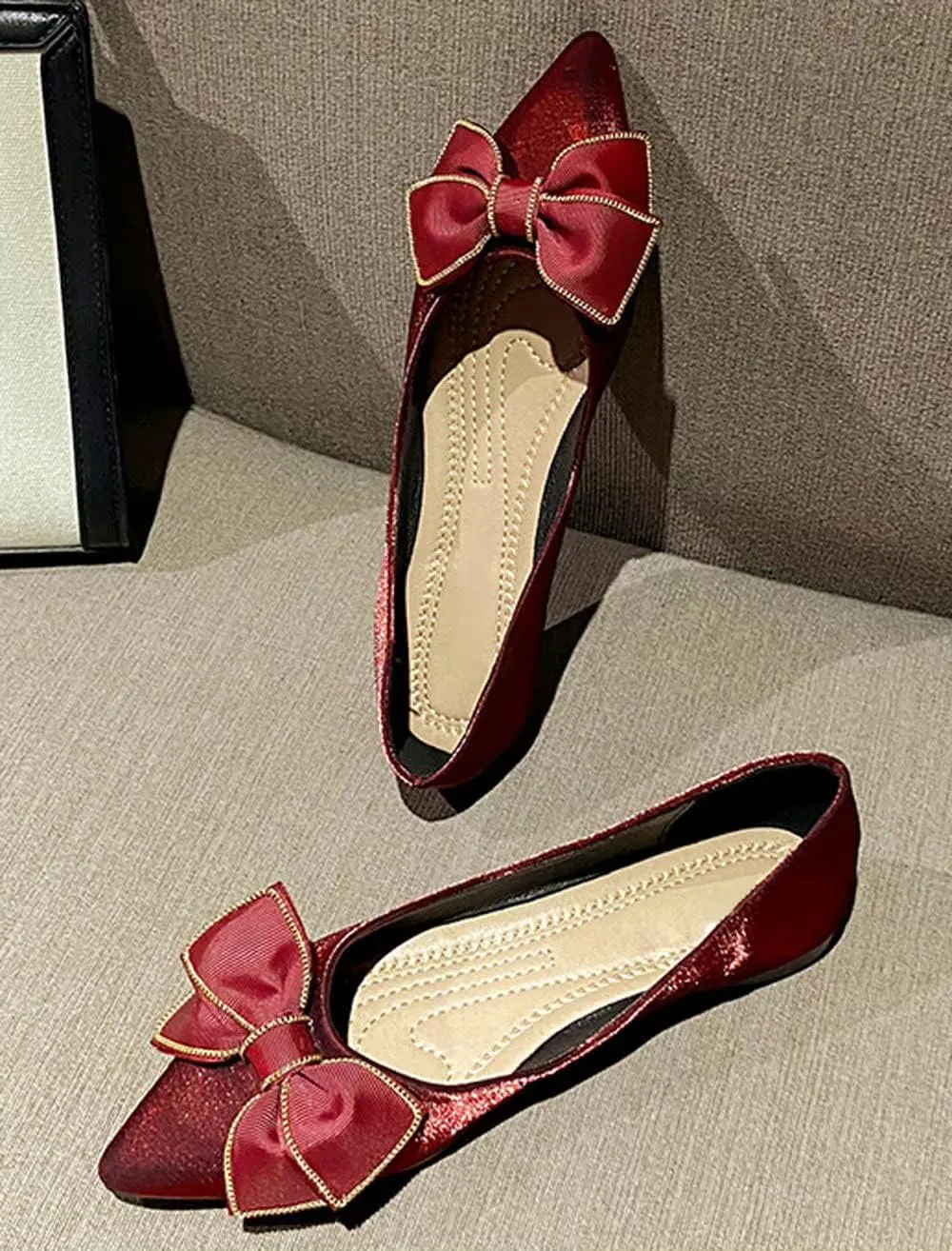 WENJIAZHIZHI Womens Glittery Bow Ballet Flats Pointed Toe Loafers Flat Dress Shoes for Women Wedding Dressy Comfortable