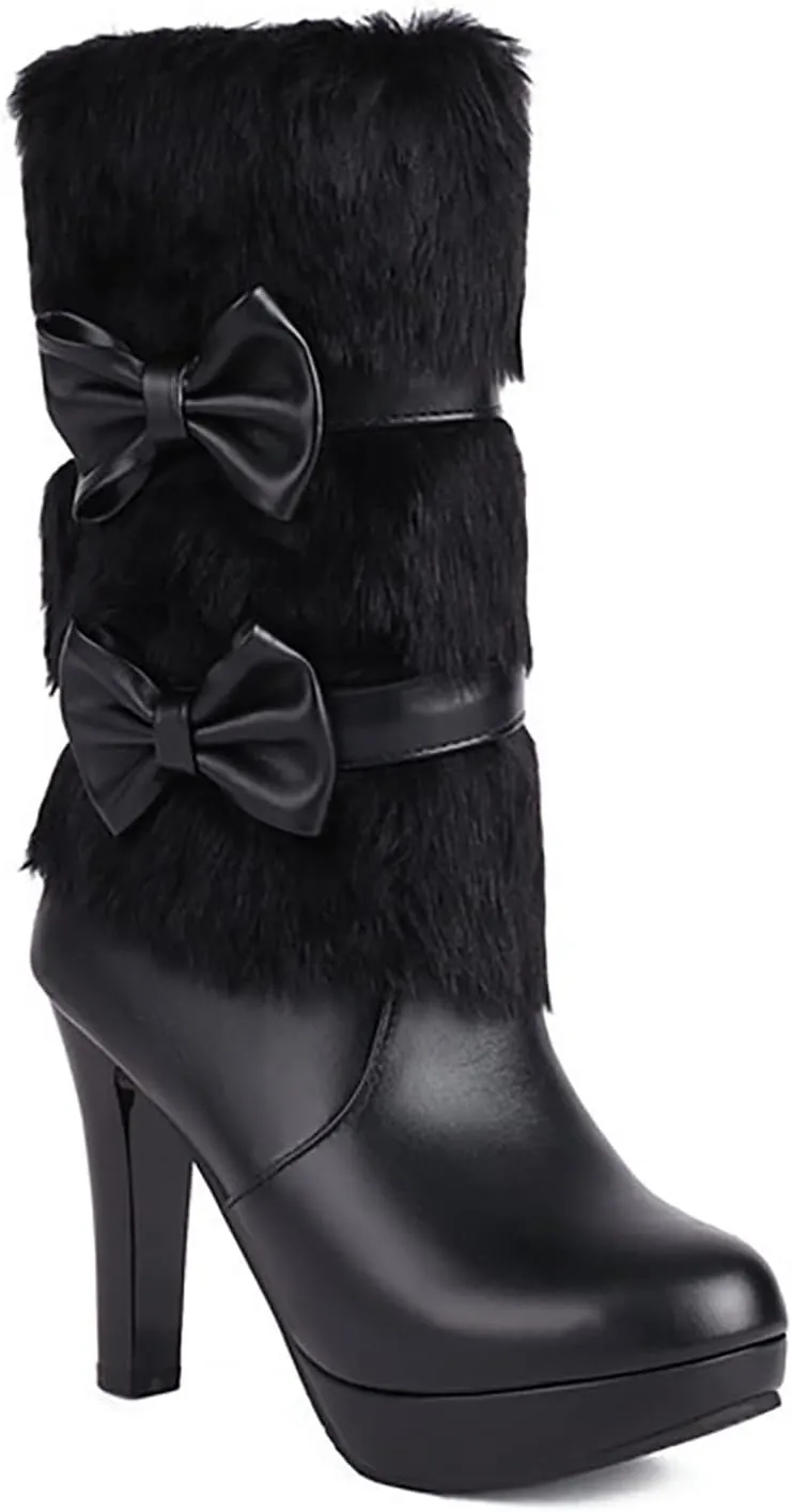 WENOREG Women's Bowknot Furry High Heel Mid Calf Boots,Fashion Side Zipper Winter Sweet Warm Faux Fur Lined Outdoor Round Toe Chunky High Heel Snow Boots