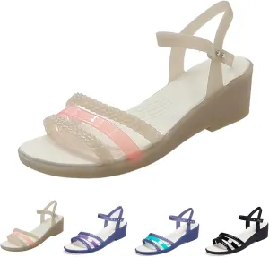 WENOREG Women's Colorful Neon Jelly Wedge Sandals,Summer Fashion Open Toe Waterproof Platform Crystal Clear Buckle Beach Retro Jellies Rain Boots Sandals