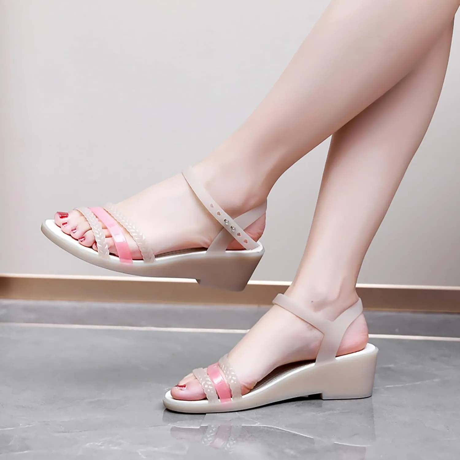 WENOREG Women's Colorful Neon Jelly Wedge Sandals,Summer Fashion Open Toe Waterproof Platform Crystal Clear Buckle Beach Retro Jellies Rain Boots Sandals