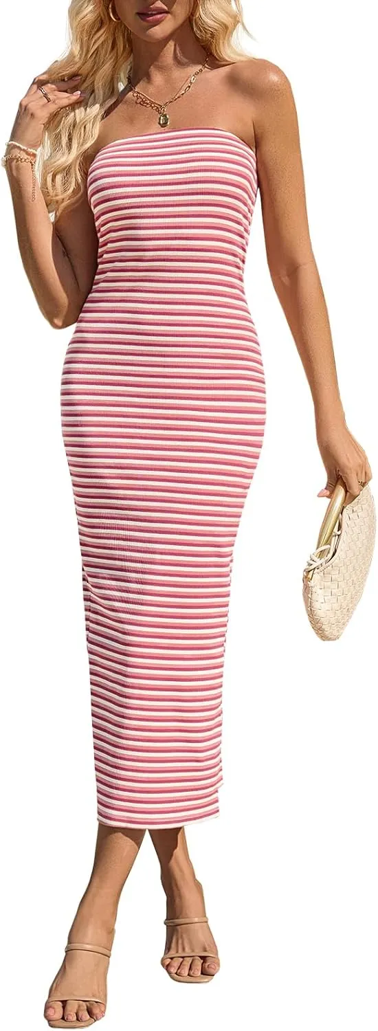 Wenrine Womens Summer Striped Tube Dress Strapless Ribbed Bodycon Casual Going Out Party Long Maxi Dresses