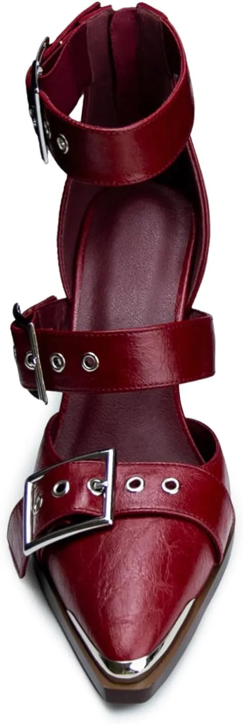 Western Sandals for Women Chunky Heel Pointed Toe Pumps Metal Buckle Strappy Western Comfortable Bridal Shoes